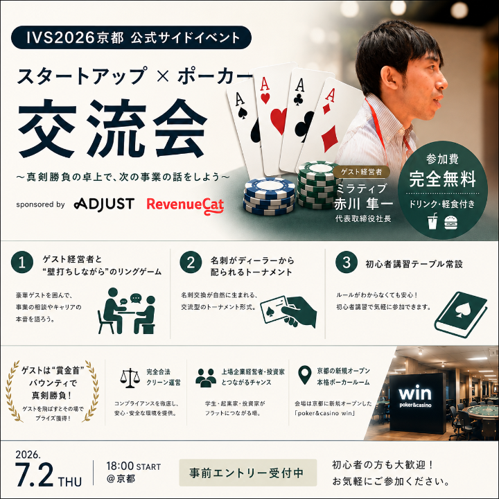 yan0310's tweet photo. RevenueCat @Y0shiU3da がサイドイベント、追加スポンサー決定！

2026年7月2日 (木)18:00〜
【完全無料のコンプラ重視！】起業家投資家壁打ちポーカー交流会（Lets connect through poker!）

GLOEの谷田社長、スマートベース株式会社の邱副社長、投資家立野さんとの共同主催のイベントを、adjustさん( 谷口 健二 Maki Iokibe )とともにRevenueCatが協賛決定！

学生・起業家・投資家・ポーカーを愛するビジネスパーソンのための特別なネットワーキングイベントとのこと！

海外では、テック系起業家やVCがクローズドな「ポーカーナイト」を開き、そこで数百万ドルの投資が決まる…という話も聞いたことございます、まさにIVSの定番になりそうなカルチャーイベント（すでになっていたらすみません）
高いコンプライアンス基準をクリアした「最もクリーンでオープンな日本版ポーカーナイト」

私もポーカーの勉強したい。。。
#IVS2026 #Shipaton
