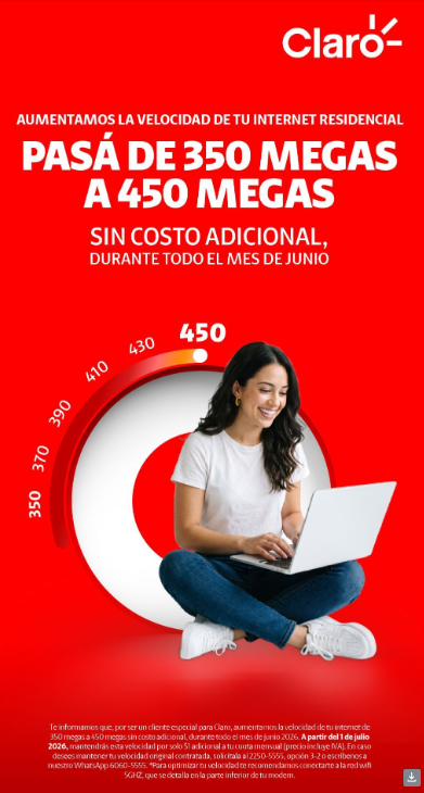CarlosAMinero's tweet photo. Me llega esta anuncio al correo. Lo chistoso es lo que dice la letra ilegible del final del mismo: "Te informamos que, por ser un cliente especial para Claro, aumentamos la velocidad de tu internet de 350 megas a 450 sin costo adiciona durante todo el mes de junio 2026. A partir https://t.co/RqDxSr68gD