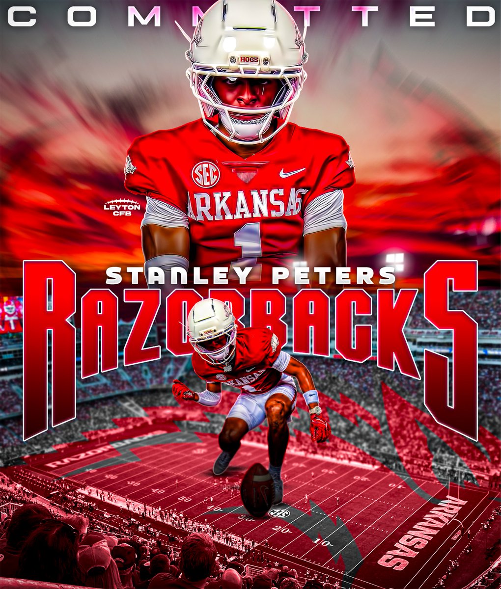 LeytonCFB's tweet photo. BREAKING: Three-star CB Stanley Peters Jr. has committed to Arkansas, he tells me.

Stanley is the No. 86 CB in the class of 2027.

The 5’10 CB from Seminary, MS chose Arkansas over Ole Miss, Houston, and Mississippi State.

#WPS https://t.co/pmui0Ai0rY