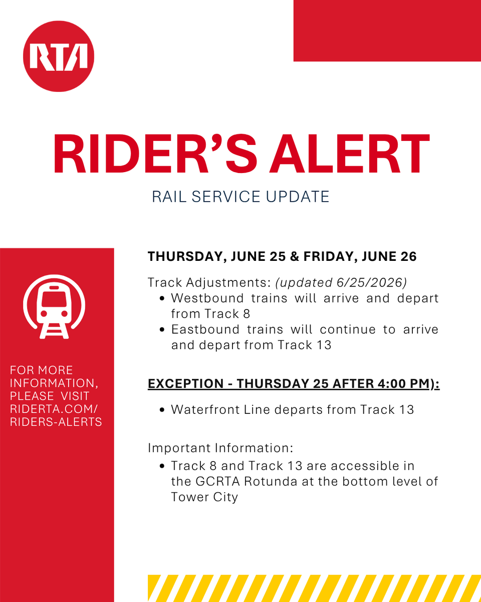 GCRTA's tweet photo. 🚧 Rider Alert 🚧⁣
⁣
UPDATE: Due to ongoing infrastructure improvements, the following service adjustments have been made to Red Line service. 🔴
⁣
Curious about our ongoing projects? Read more: https://t.co/zTBOCiTJYP https://t.co/RP1UmBIEgf