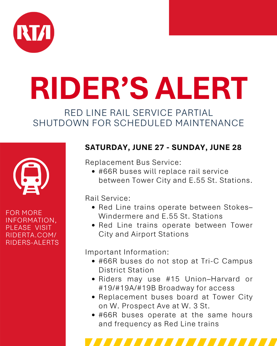 GCRTA's tweet photo. 🚧 Rider Alert 🚧⁣
⁣
UPDATE: Due to ongoing infrastructure improvements, the following service adjustments have been made to Red Line service. 🔴
⁣
Curious about our ongoing projects? Read more: https://t.co/zTBOCiTJYP https://t.co/RP1UmBIEgf