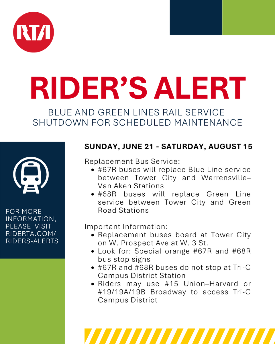 GCRTA's tweet photo. 🚧 Rider Alert 🚧⁣
⁣
UPDATE: Due to ongoing infrastructure improvements, the following service adjustments have been made to Red Line service. 🔴
⁣
Curious about our ongoing projects? Read more: https://t.co/zTBOCiTJYP https://t.co/RP1UmBIEgf