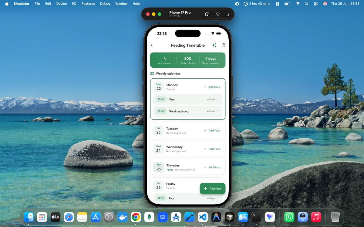 ahiakwo_john's tweet photo. Hello everyone, I’m building Foodey, an AI-powered food ordering and delivery app (@foodey_app).

Today is Day 176 of my 365 Days of Code.

Today, I worked on the Feeding Timetable feature in the Foodey customer app. 

This allows users to create, organize, and manage personalized meal schedules throughout the week. 

I also added an AI-powered generation feature that can automatically create a feeding timetable based on a user's preferences and goals.