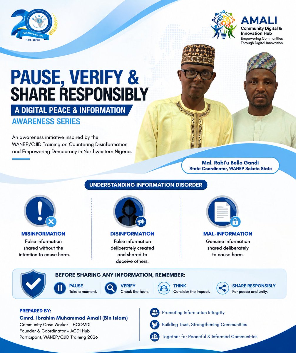 BinIslam82's tweet photo. From learning to action.
Proud to have completed the Countering Disinformation and Empowering Democracy in Northwestern Nigeria training organized by @wanepnewsforum Nigeria, @CJIDAfrica, &amp; European Union.
The work starts now.
Pause. Verify. Share Responsibly.
#WANEPNigeria #Peac https://t.co/1pM02xV6fp