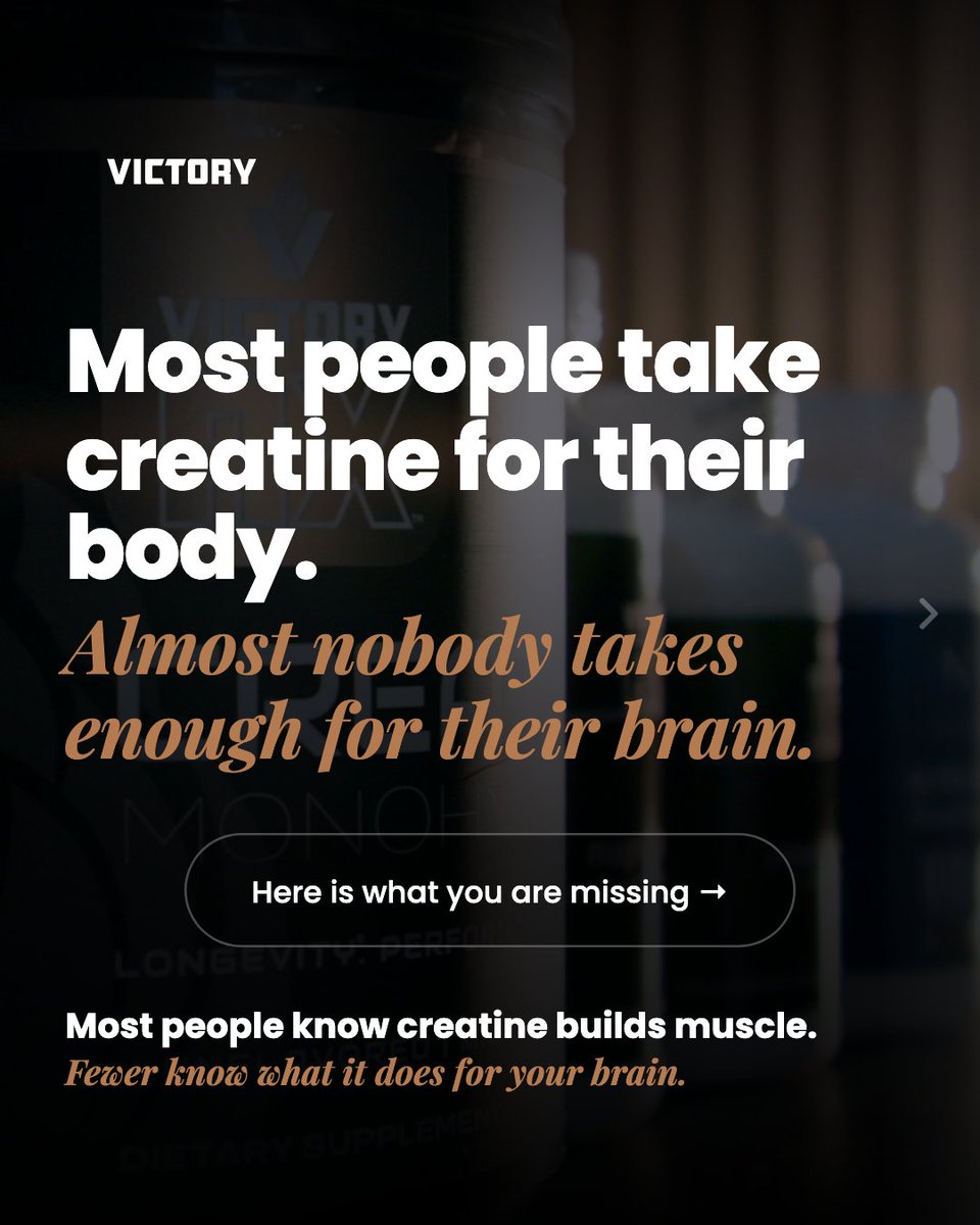 Victory_Men's tweet photo. Most people take creatine for muscle. Almost nobody takes enough for their brain.

Physical dose: 3 to 5g. Cognitive dose: 5 to 10g. Your brain is harder to saturate. If you want focus, memory, and brain energy, dose accordingly.

https://t.co/EzctLN07Jm

#liveoptimized #victorymenshealth
