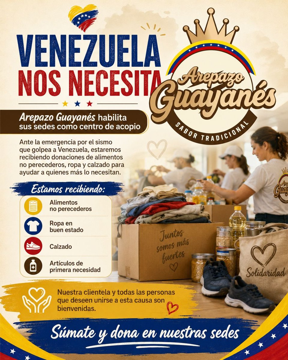 gochafranc20769's tweet photo. Np trabajo ahy Pero son mis amigos personas muy humanas y de buen corazón que con lo que puedan ayudar comida ,ropa , medicamentos lo agradecería por favor 🙌🏻🙌🏻

🇻🇪 Venezuela nos necesita.

Ante la emergencia que atraviesa nuestro país tras el sismo, desde Arepazo Guayanés activamos nuestras sedes como centro de acopio para recibir donaciones que serán destinadas a quienes más lo necesitan.

Estaremos recibiendo:

🥫 Alimentos no perecederos
👕 Ropa en buen estado
👟 Calzado
🧴 Artículos de primera necesidad

📍 Horarios de recepción:
Jueves: desde las 3:00 p.m.
Viernes a domingo: desde las 10:00 a.m.

También será posible coordinar el retiro de donaciones hasta tu domicilio, contactando a nuestra central:

📲 +593 96 335 4219

Toda ayuda suma. Nuestra clientela, amigos, vecinos, comercios y todas las personas que deseen unirse a esta causa son bienvenidas.

Hoy Venezuela necesita de nosotros.
Súmate, dona y comparte.