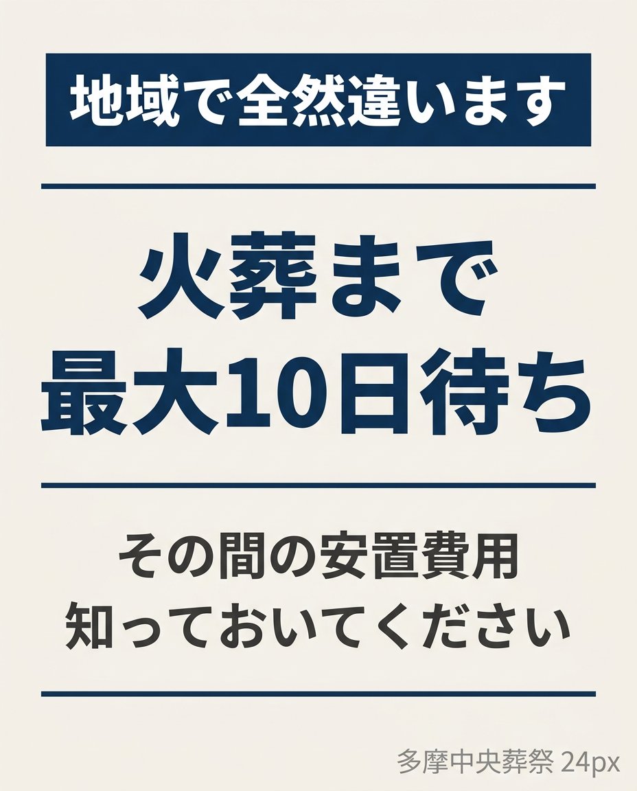 tamachu1979's tweet photo. 火葬場の「待ち時間」は地域によって大きく違います。
都市部：1〜3日待ちが普通
地方：翌日に火葬できることが多い
東京都内では、時期によって3〜10日かかるケースも。
その間、故人は自宅か安置施設で安置されます。
ドライアイス代が日割りでかかる点も覚えておいてください。 https://t.co/P1G5MTSoBf