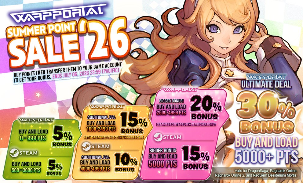 WarpPortal's tweet photo. ◤ Summer Savings are Here! ◢

📢 WarpPortal's Summer Point Sale 2026 is LIVE!

Get bonus points via Warpportal or Steam for:
Ragnarok Online, RO2, Requiem, &amp; DragonSaga.

More points = more power, style, &amp; adventure!
🕐Ends July 06. Don't miss out!
https://t.co/Zlv7MuR9Aj https://t.co/NMrII4MfDF