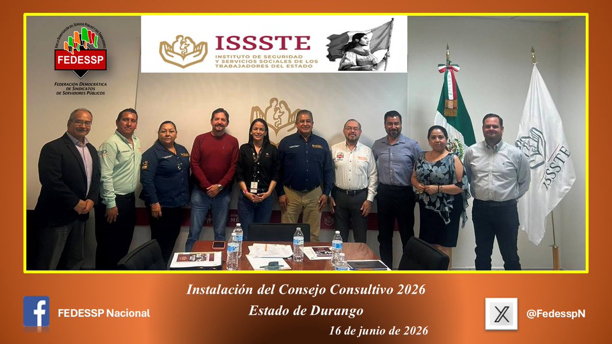 FedesspN's tweet photo. Instalación del Consejo Consultivo 2026 del
@ISSSTE_mx
El Mtro. Ricardo Rodríguez Núñez, asiste como Consejero, acreditado por @FedesspN en el Estado de Durango.
“Por la Dignificación del Servicio Público y sus Trabajadores”
@agusaviles1
@sntsadersecc01
@censntsict
@marudavalos29 https://t.co/fsS9EUQVDu