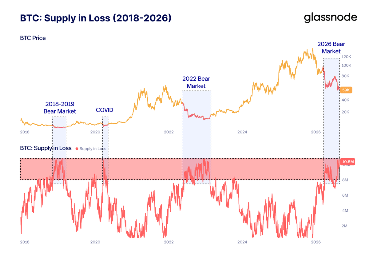 bitcoinvector's tweet photo. bitcoin:native holders are now in the same stress zone that defined prior bear-market bottoms.

Cycle bottoms  are built when stress persists long enough to exhaust the holders sitting on losses.

That is when supply changes hands. https://t.co/qtlMhW0SM0