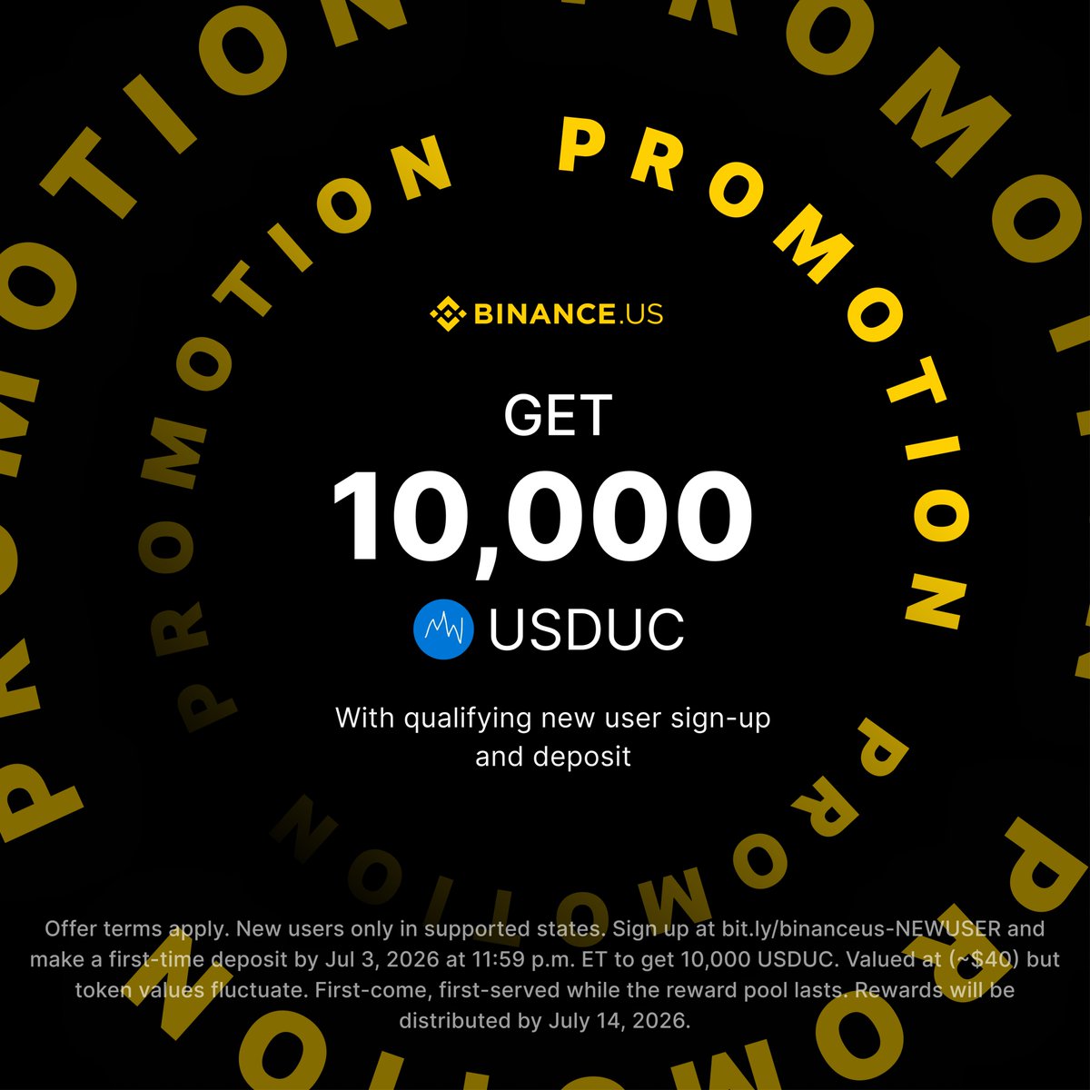 BinanceUS's tweet photo. Say hello to free crypto 👋

Get 10,000 $USDUC (~$40) sponsored by @usduc_official when you sign up for @BinanceUS using the following link

1️⃣ Sign up → https://t.co/ZheJhCJHBX
2️⃣ Deposit any amount of cash or crypto 
3️⃣ Offer ends 7/3/26 https://t.co/G6PaGnkAMy