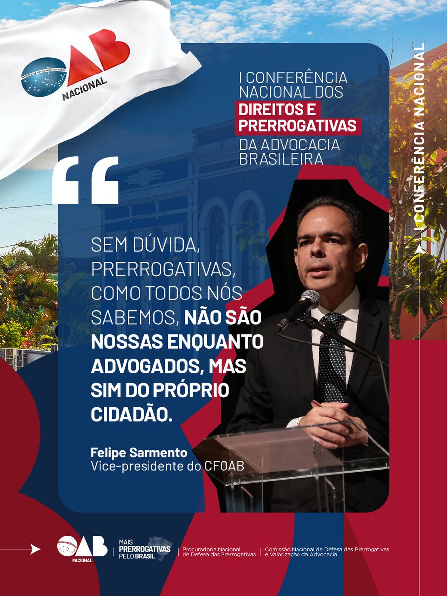 CFOAB's tweet photo. A I Conferência Nacional dos Direitos e Prerrogativas da Advocacia Brasileira marcou um capítulo importante na defesa das garantias que asseguram o livre exercício da profissão. ⚖️

Debates reforçaram que as prerrogativas não pertencem apenas à advocacia, mas também à cidadania, assegurando independência profissional, liberdade de atuação e o pleno exercício da defesa.

Ao reunir diferentes vozes da advocacia brasileira, a Conferência reafirmou um compromisso permanente da Ordem: defender prerrogativas é defender a cidadania, a Justiça e o Estado Democrático de Direito. 

#OABNacional #OABDePortasAbertas #PrerrogativasDaAdvocacia #AdvocaciaBrasileira #OABPB