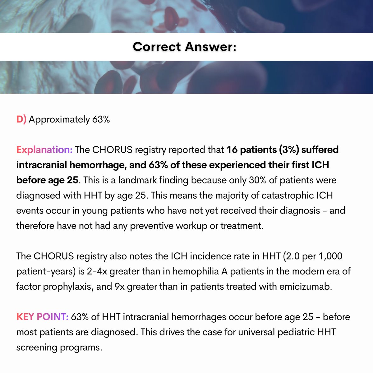 HemeHub's tweet photo. ππTodayβs case-based hematology questions!
Swipe to see the answers and explanations!
#HHT #HereditaryHemorrhagicTelangiectasia #RareDiseases #VascularMalformations #ENGMutation #GeneticTesting #PediatricMedicine #PediatricScreening #PulmonaryAVM #PAVM #BrainAVM #MRI #StrokePrevention #IntracranialHemorrhage #ICH #Neurovascular #CerebrovascularDisease #ClinicalGuidelines #ClinicalHematology #HemeOnc #MedicalEducation #ClinicalResearch #PatientCare #HemeHub