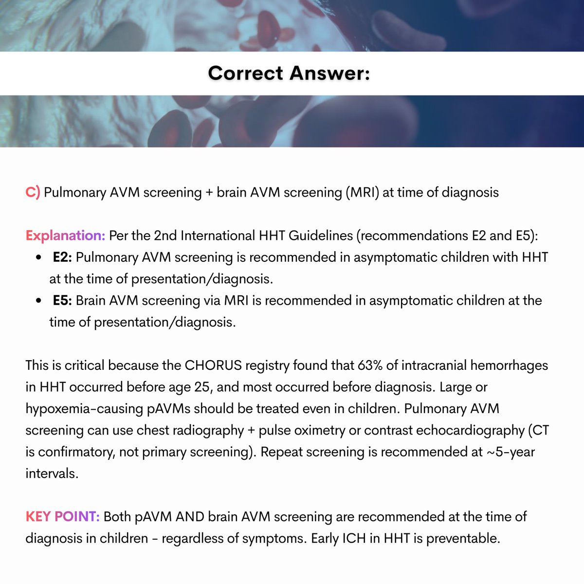 HemeHub's tweet photo. ππTodayβs case-based hematology questions!
Swipe to see the answers and explanations!
#HHT #HereditaryHemorrhagicTelangiectasia #RareDiseases #VascularMalformations #ENGMutation #GeneticTesting #PediatricMedicine #PediatricScreening #PulmonaryAVM #PAVM #BrainAVM #MRI #StrokePrevention #IntracranialHemorrhage #ICH #Neurovascular #CerebrovascularDisease #ClinicalGuidelines #ClinicalHematology #HemeOnc #MedicalEducation #ClinicalResearch #PatientCare #HemeHub