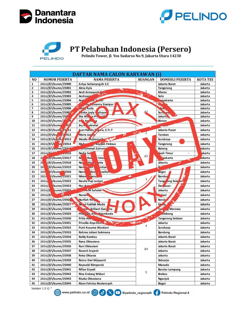 Pelindo_bpp's tweet photo. Salam #Portizen !

⚠️ WASPADA PENIPUAN REKRUTMEN MENGATASNAMAKAN PELINDO ⚠️

Kami tegaskan bahwa surat tersebut adalah HOAKS dan bukan merupakan dokumen resmi PT Pelabuhan Indonesia (Persero)

#Pelindo #WaspadaPenipuan #StopHoaks RekrutmenPelindo InfoResmiPelindo https://t.co/OTGp5VpEG1