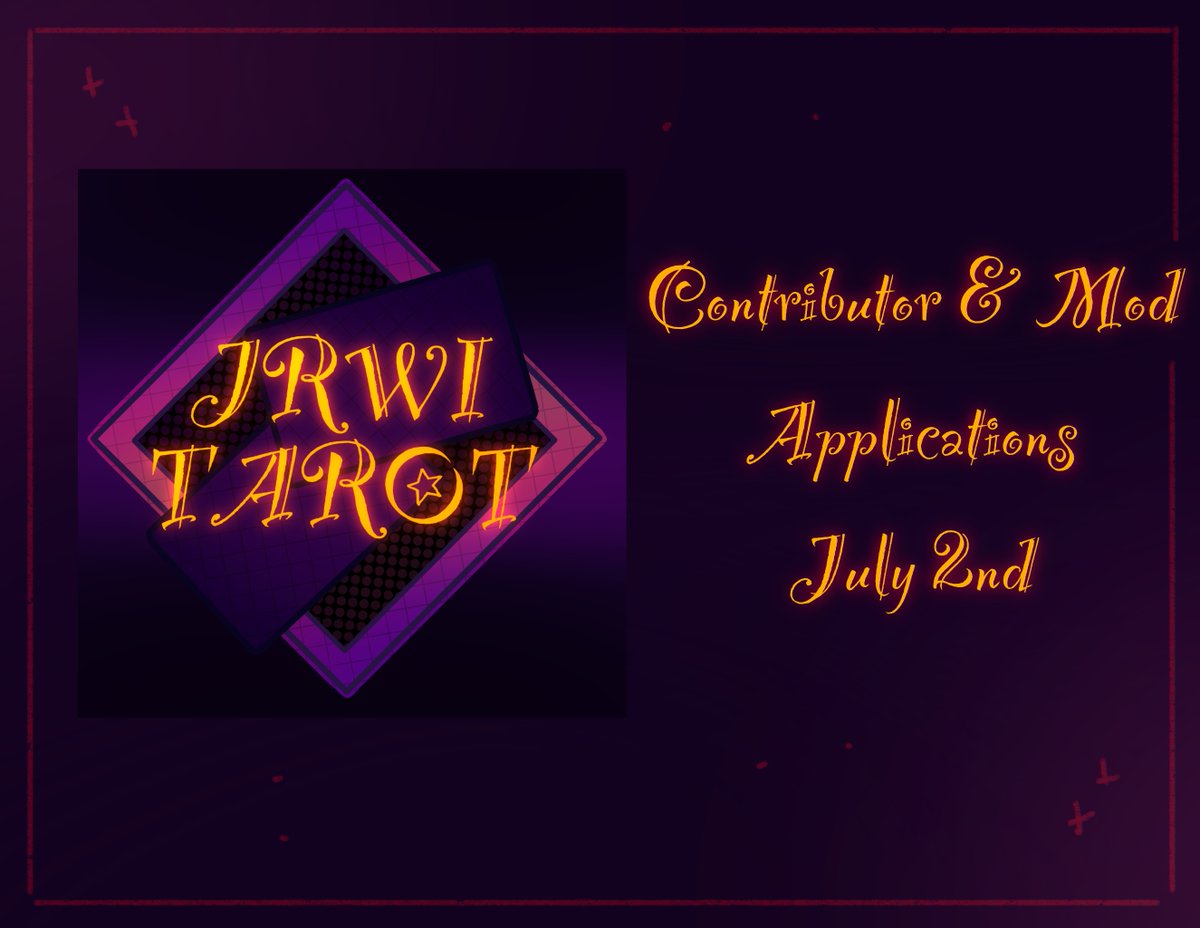 JRWITarot's tweet photo. Hello jrwitwt! Join us for a JRWI themed tarot project! Contributor &amp; Mod apps open July 2nd so mark your calendars. For more information you can check out our carrd (in bio and below) and leave any questions you have below! 
#JRWI https://t.co/DJQywEej1e
