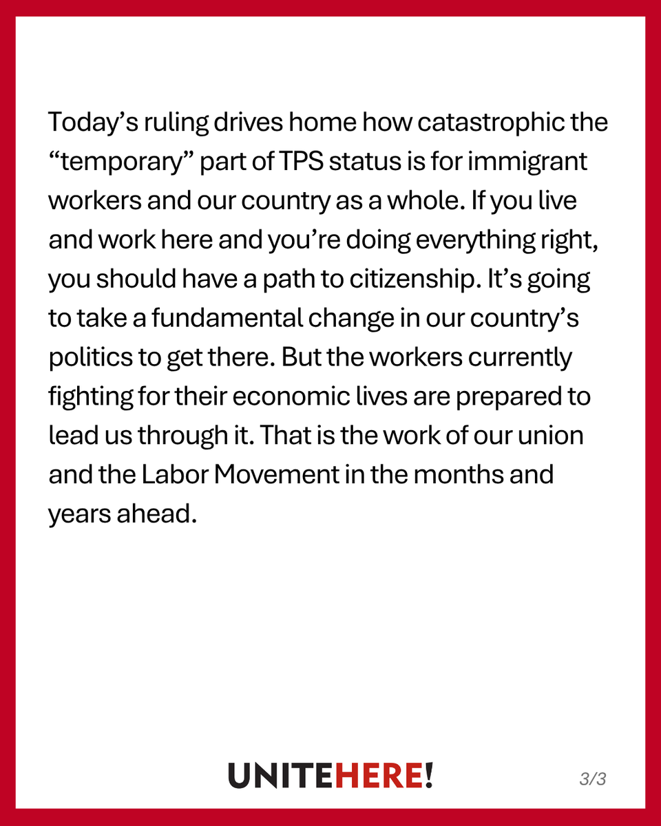 unitehere's tweet photo. Statement from UNITE HERE President @GwenMillsUH   on SCOTUS Haitian TPS Decision

"The Supreme Court’s ruling today on Haitian TPS is a disgrace. https://t.co/NaqbLdsed9