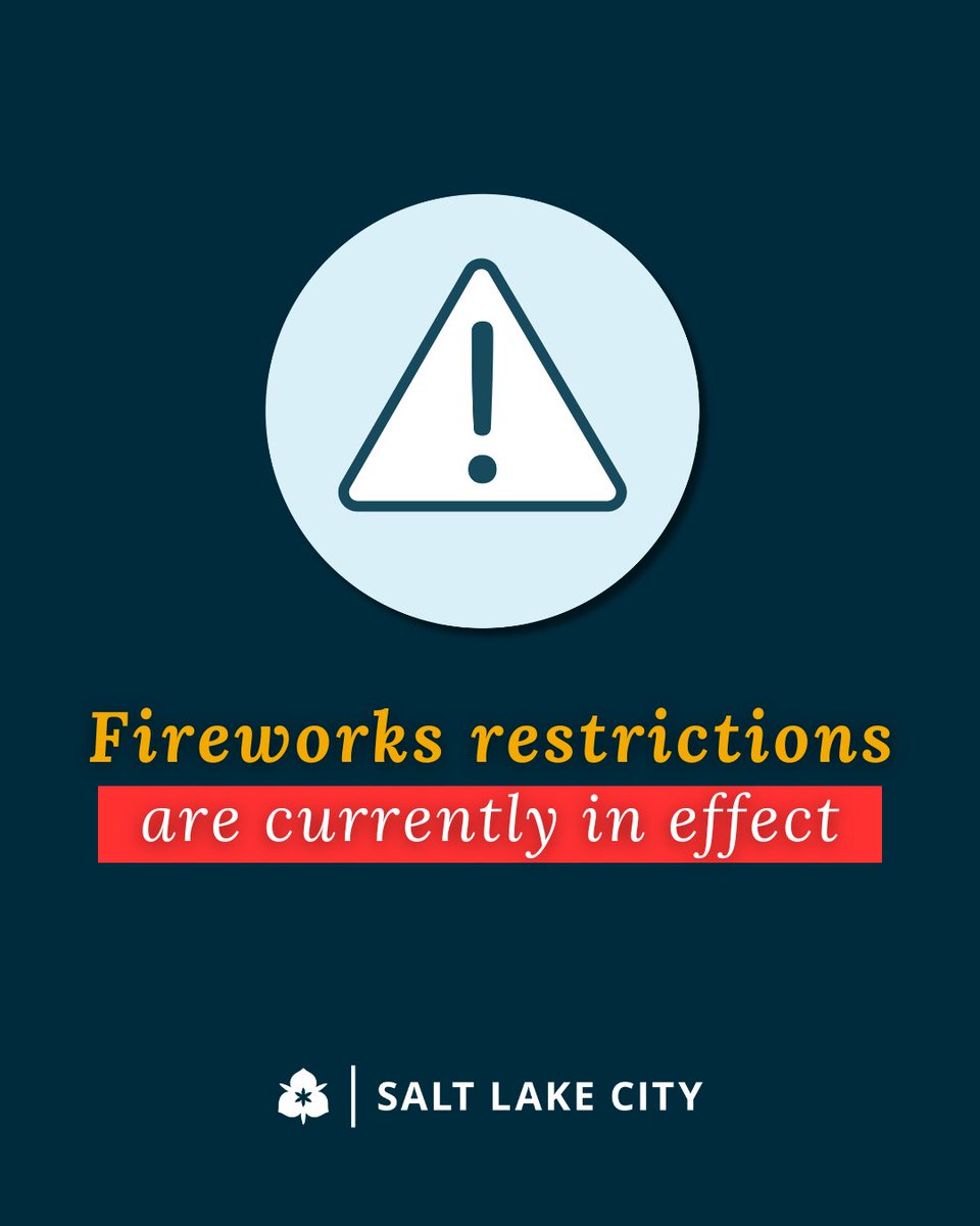 slcCouncil's tweet photo. Under a statewide restriction announced by Gov. Cox today, personal fireworks are prohibited throughout Salt Lake City and across Utah through July 5.  

We are asking everyone to prioritize safety, follow the statewide restriction and help protect our neighborhoods, firefighters and natural spaces by celebrating without personal fireworks this summer.  

We encourage residents looking for ways to celebrate to attend organized events, including @slcpubliclands’ drone shows on July 3 at Jordan Park and July 24 at Liberty Park.  

To learn more about the fireworks restrictions, visit https://t.co/jglY7PLORR