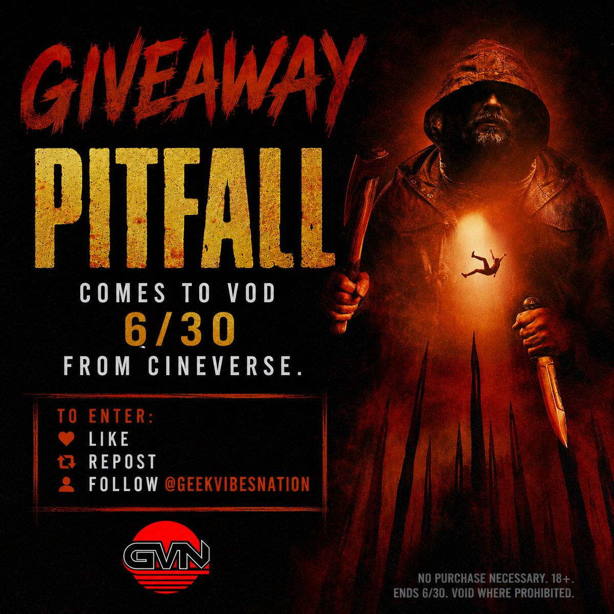 GeekVibesNation's tweet photo. 🎉 GIVEAWAY 🎉

We're giving away 1 Apple TV digital code for PITFALL, arriving on VOD June 30 from @Cineverse_ent 

To enter:
🎬 Follow @GeekVibesNation
🔁 Repost this post
❤️ Like

🇺🇸 U.S. only. Winner will be contacted via DM. Good luck! https://t.co/stf5j5oLJR