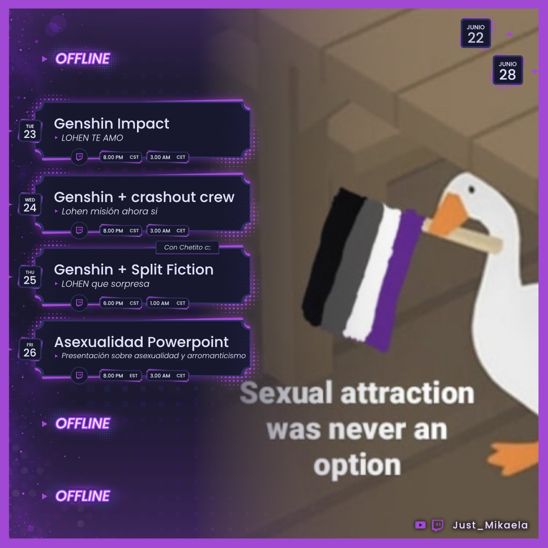 Just_Mikaela's tweet photo. 🟣CALENDARIO 22-28 de junio

Supongamos que no estamos a media semana

Mañana presentación educativa sobre Asexualidad y Arromanticismo (por parte de una persona asexual y arromántica, o sea yo)

Happy pride! 🥳🏳️‍🌈 https://t.co/tr9yNVXZRD