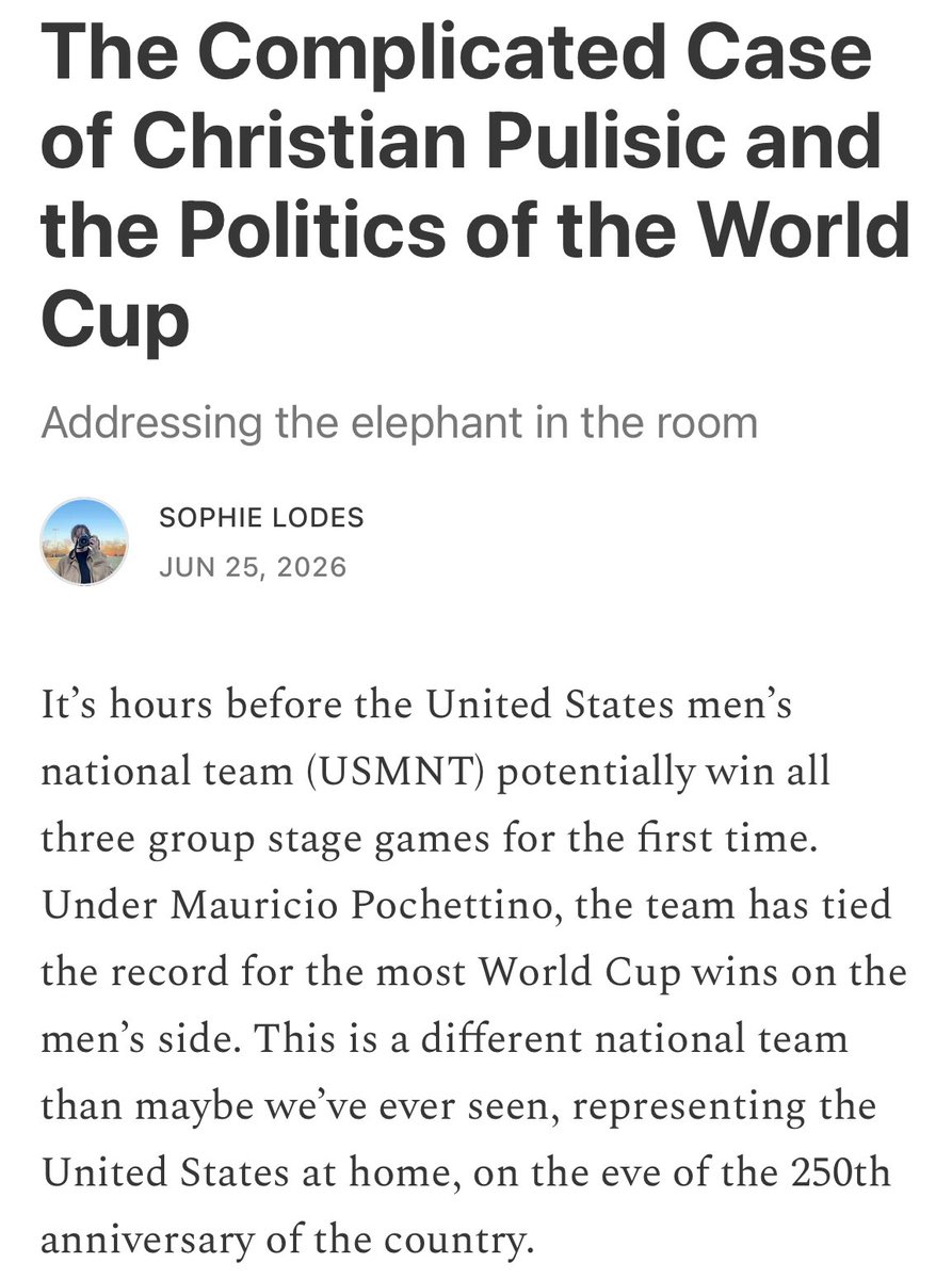 slodess's tweet photo. Wrote a little about the intersection of sports and politics and how complicated Christian Pulisic makes rooting for the USMNT

https://t.co/Gjems5aOZi https://t.co/1eSVr8u8PB