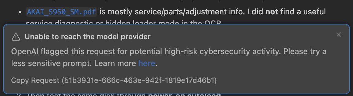 p_money's tweet photo. Anyone else find GPT 5.5 getting overly security sensitive nowadays? Just got flagged for reading the service manual for an Akai sampler from 1988 smh https://t.co/FCZvjbnzAz