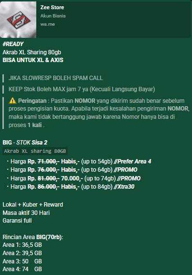 WBxZee's tweet photo. Hari ini, Terbatas!!
Ready Kuota Akrab XL sharing 80Gb
Kuota XL &amp; AXIS
Bisa langsung Isi, Sisa 2 stok saja✨
70K upto 74gb
Masa aktif 30hari
Full 24jam
Bergaransi &amp; dipastikan amanah
Berminat silahkan order disini atau ke @Wnn4be ya!
Fast respon Ke WA cek Profil @Wnn4be
#zonauang https://t.co/uzEqOdRsgi