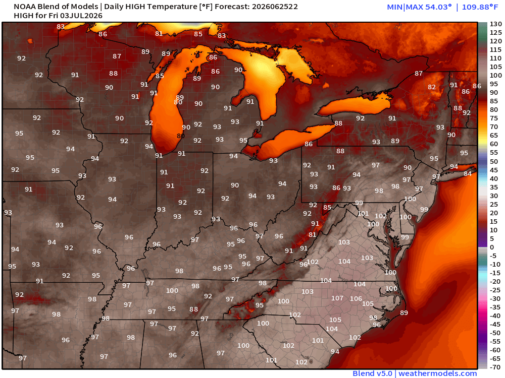 RyanWeather's tweet photo. North Carolina will be ground zero for the upcoming "mega heat dome" over the Eastern U.S. into July 4th weekend.

Raleigh to 107°F will melt your face off 

271 million Americans at least 90°F on Friday, July 3rd https://t.co/KWq2zpKxJL