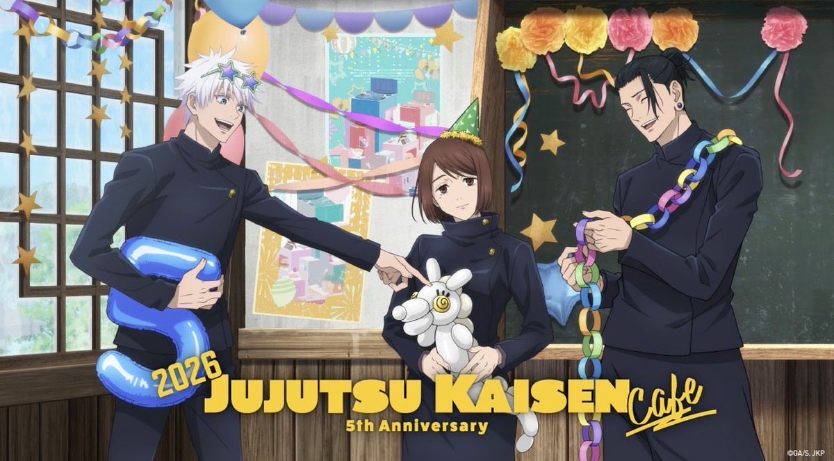jujutsuinfofun's tweet photo. 呪術廻戦カフェ 2026 5th Anniversary

本日6月26日(金)18:00～
一般先着予約開始予定です！

開催地：東京・愛知・大阪
事前予約特典：チケット風カード（全3種）

https://t.co/nldzt8UqkH https://t.co/KFCNnHy5y1