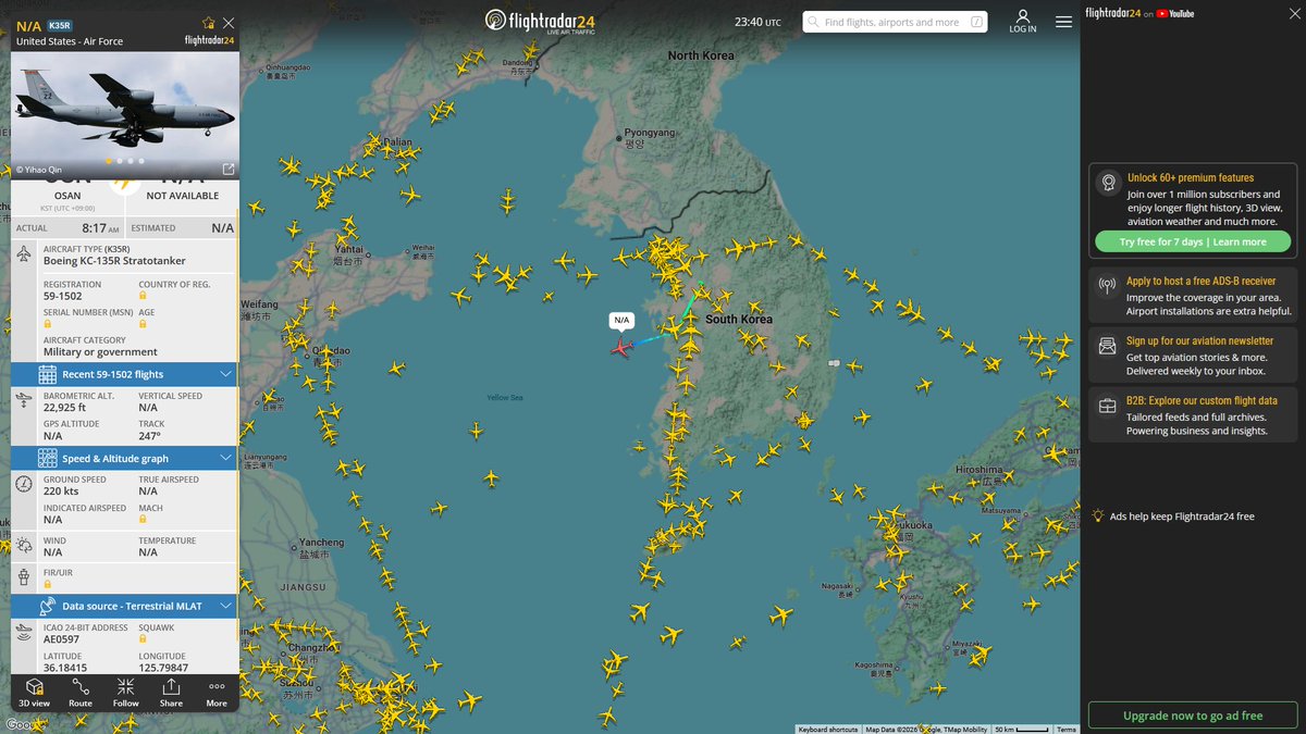 AIYeyENGDdJkjTr's tweet photo. June 26, 2026
#Osan Air Base, South Korea ==> #West Sea

#NoCALLSIGN #AE0597 USAF KC-135R Stratotanker https://t.co/YxAHUXTj5T