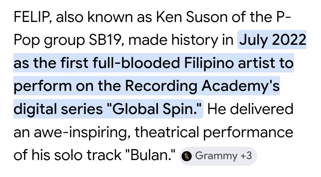 iamcailly's tweet photo. It may not matter to them because they're always happy and proud to see Filipinos shine on the global stage. But when talking about a "first Filipino" achievement, it's important to acknowledge those who came before.

FELIP was the first full-blooded Filipino to perform on GRAMMY Global Spin Live in 2022. Josh Cullen followed with his Global Spin Live performance in 2024.

Giving proper credit doesn't diminish anyone else's achievements, it simply honors history. 😊