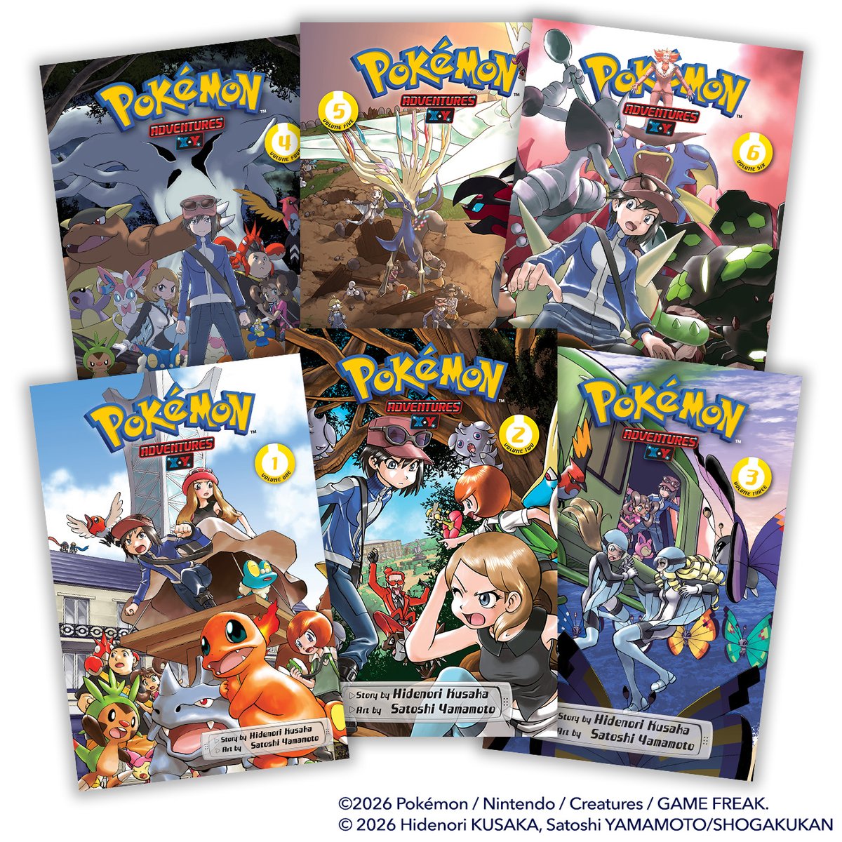 VIZMedia's tweet photo. Announcement: Return to the Kalos Region, but watch out for Xerneas and Yveltal! With story by Hidenori Kusaka and art by Satoshi Yamamoto, The Pokémon Adventures X•Y Complete Box Set, including a foldout color poster, releases Spring 2027. https://t.co/X3o6cRcrDS