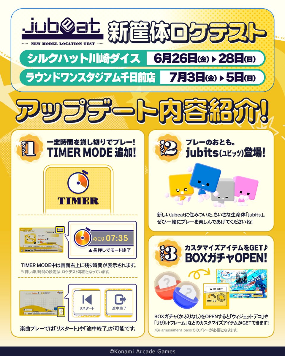 jubeat_staff's tweet photo. 【さらに！】

前回のロケテストから
アップデートされた内容をご紹介します📢

・時間貸しであそべる！TIMER MODE 追加！
・プレーのおとも！jubits(ユビッツ) 登場！
・カスタマイズアイテムをGET♪BOXガチャOPEN！

こちらもぜひご体験ください！

#jubeat新筐体 https://t.co/dkPuLmpbE4