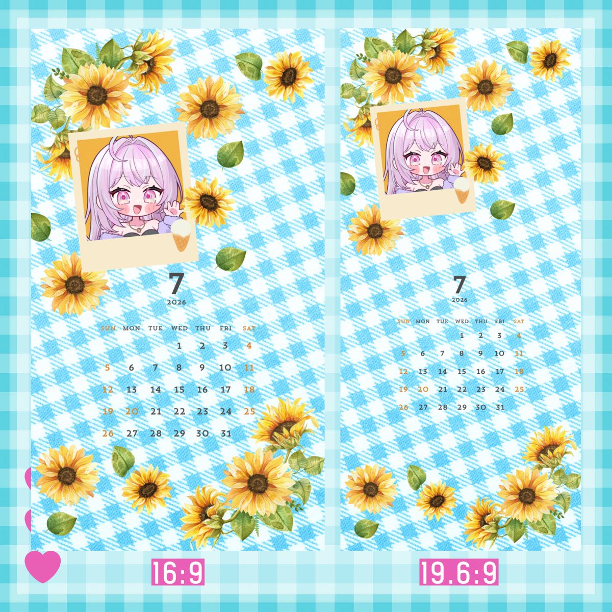 pppinkc's tweet photo. 【2026年7月カレンダー スマホ壁紙素材】

ひまわりの可愛い素材作りました🌻🩵

🌻リポスト＋いいねで保存/使用可能
❌二次利用、色変更、素材そのままの配布/使用

DLはスレッドから🔗

#IRIAM素材 #Vtuber素材 https://t.co/miE1flqZkm