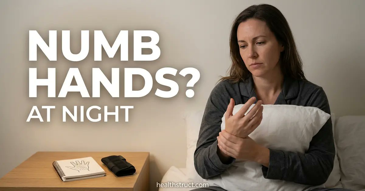 HealthStruct's tweet photo. Hands falling asleep at night is usually nerve compression (wrist or elbow)—but blood sugar swings and low B12 can amplify it. Here’s the finger-pattern clues + a 14‑day fix plan + labs to discuss. https://t.co/RUgYCIgoIl
#CarpalTunnel #Neuropathy #Sleep #VitaminB12 https://t.co/79ZkYVVnqC