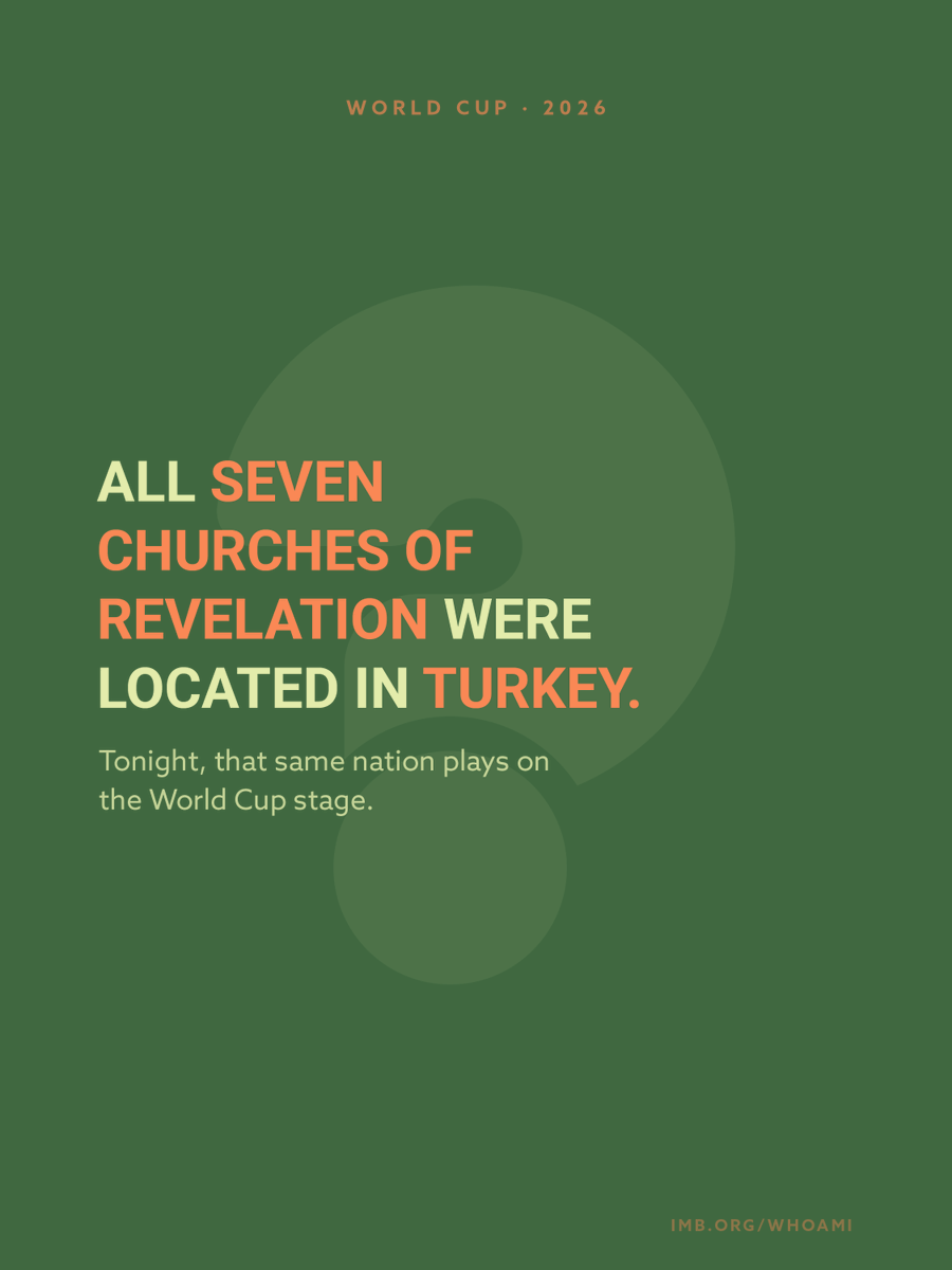 IMB_SBC's tweet photo. Tonight, the world watches USA vs. Turkey.

What most won't know: all 7 churches of Revelation stood in modern-day Turkey.

99% are Muslim today. Less than 0.1% are evangelical Christians.

The nations are gathered. Is the church praying?

🔗 Learn more about the Who Am I Initiative at: https://t.co/U9BgEUJVt7.