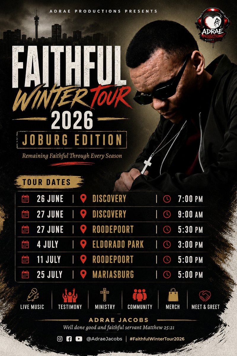 adraejacobs's tweet photo. 🇿🇦⚽Bafana Bafana won. The nation is celebrating.
Now it's our turn...
🎤 WE OUTSIDE!
Faithful Winter Tour: Joburg Edition ❄️
Joburg, get ready for revival. 🙌
#FaithfulWinterTour #JoburgEdition #AdraeJacobs https://t.co/JZN24nDVXK