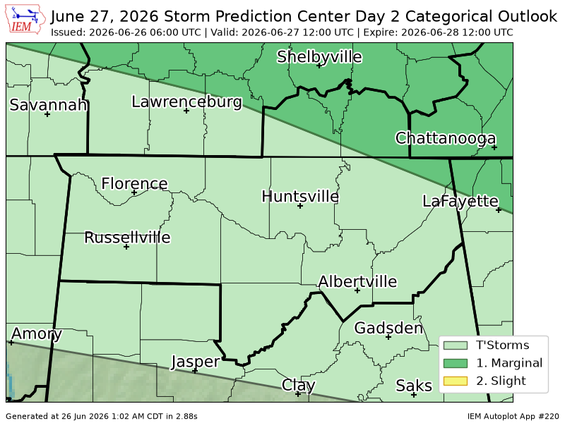 alstormtracker's tweet photo. #SPC issues Day 2 Marginal Convective Risk at Jun 26, 6:00z for HUN https://t.co/b3A8s3avr0 https://t.co/6LZfU2PI9F