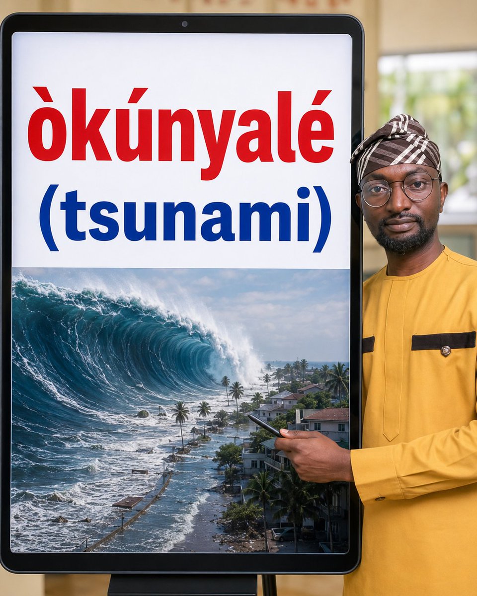 Sci_in_Yoruba's tweet photo. ìjàm̀bá àìtọwọ́dá
(natural disasters)

ìṣẹ́lẹ̀tú
(volcano)

ilẹ-ríri
(earthquake)

ìjì olókòtó
(tornado)

omíyalé
(flooding)

òkúnyalé
(tsunami)

ìjì ẹlẹ́fúùfù-líle
(hurricane)

ọ̀gbẹlẹ̀
(drought)

iná igbó líle
(wildfire) https://t.co/4u73jXG429