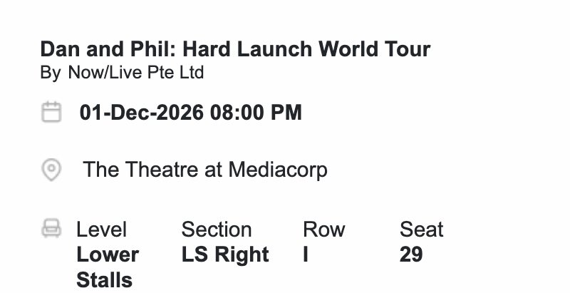 joonspersimmon's tweet photo. hi guys i’m selling one cat 1 first level lower stalls ticket for dan and phil hard launch tour in singapore sg 

reason: i secured preshow after buying this. selling at the og price i got it for. dm me/reply if ur interested🥹 @TicketsDan #hardlaunchtour https://t.co/in7Lr7teRP
