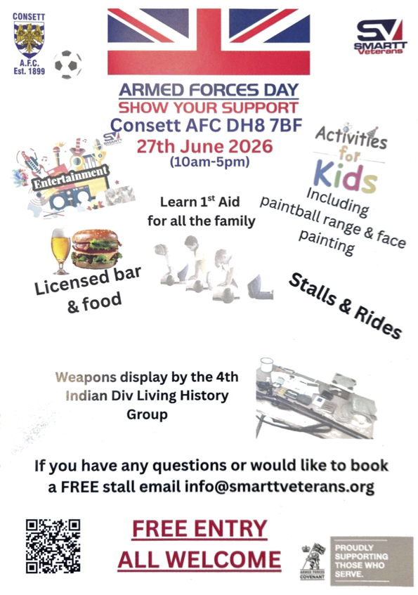 SMARTTTRAINING's tweet photo. 🇬🇧🇬🇧🇬🇧 🇬🇧🇬🇧🇬🇧🇬🇧Celebrate Armed Forces Day with us! Honouring our hero’s @ConsettAFC  this Saturday 27th June The day is packed with great free entertainment #ArmedForcesDay #ThankYouForYourService
#SupportOurTroops  #HonorOurHeroes  
#Army #Navy #AirForce #Marines #CoastGuard https://t.co/sHvQ80UKpA