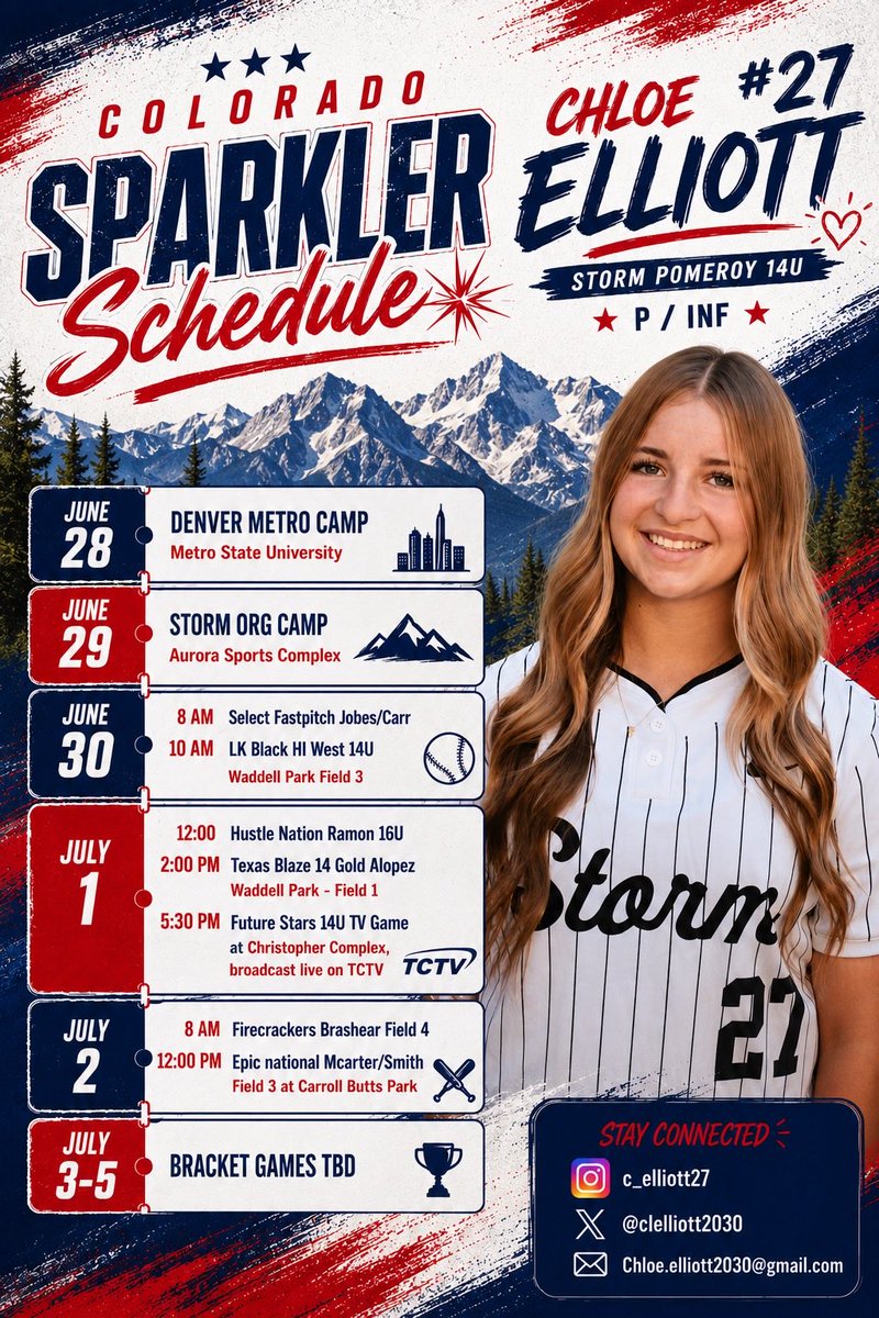 clelliott2030's tweet photo. Colorado Sparkler schedule is set.
Looking forward to a great week of competition against some of the top teams in the country. 

#ColoradoSparkler #FastpitchSoftball #travelsoftball #ClassOf2030 #softball https://t.co/PvOhcD0Oic