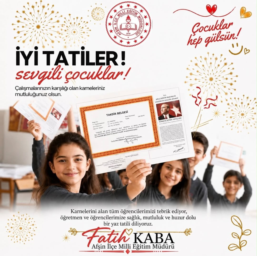 AfsinMem's tweet photo. 🌿İYİ TATİLER! 
     Sevgili çocuklar!

📌Çalışmalarınızın karşılığı olan karneleriniz mutlulugunuz olsun.

Karnelerini alan tüm öğrencilerimizi tebrik ediyor, öğretmen ve öğrencilerimize sağlık, mutluluk ve huzur dolu bir yaz tatili diliyoruz. https://t.co/muG9D40XCY