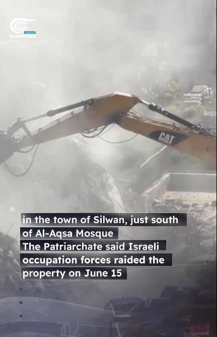 heavy_occ's tweet photo. 🚜Seizing land belonging to the Greek Orthodox Patriarchate and uprooting trees using a Caterpillar and Doosan excavator in Silwan, East Jerusalem, June 15 2026.
#Silwan #EastJerusalem #Caterpillar #Doosan #June2026 #heavy_destruction
📸@MayadeenEnglish https://t.co/0ziq0MBk9r
