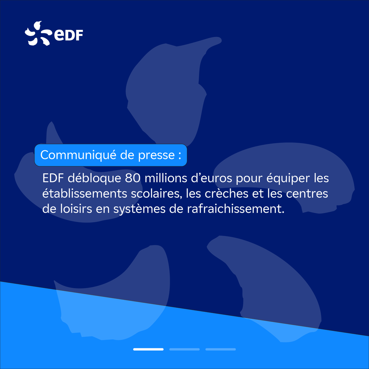 EDFofficiel's tweet photo. Alors que de nombreux territoires français connaissent des épisodes successifs de chaleur, EDF renforce son engagement en mobilisant 80 millions d’euros pour aider les établissements scolaires, les crèches et les centres de loisirs à s’équiper de solutions de rafraîchissement.