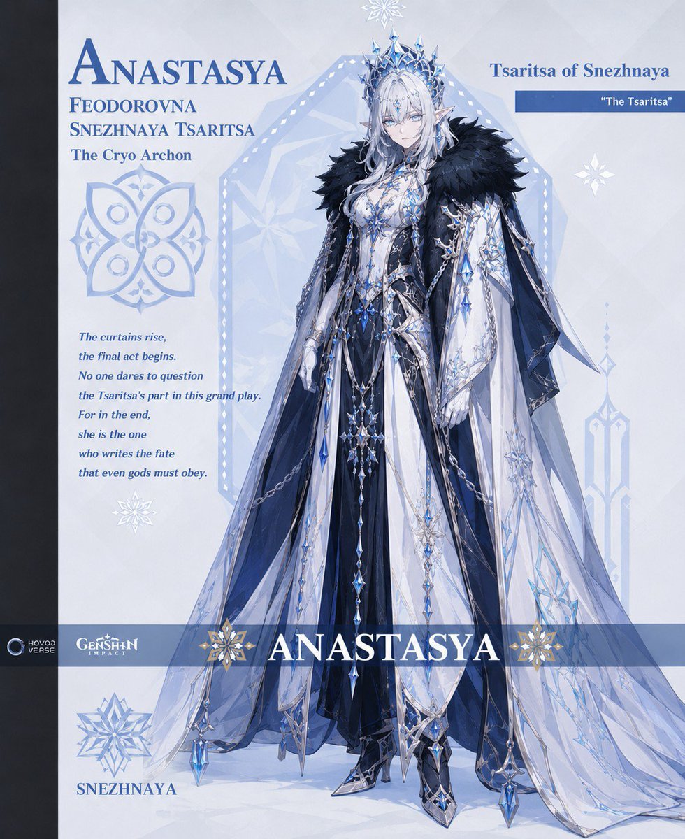 GenshinInfoZone's tweet photo. -Anastasya Feodorovna Snezhnaya     Tsaritsa the Cryo Archon 

Genshin Impact drip marketing. https://t.co/Bw5gBeiETT