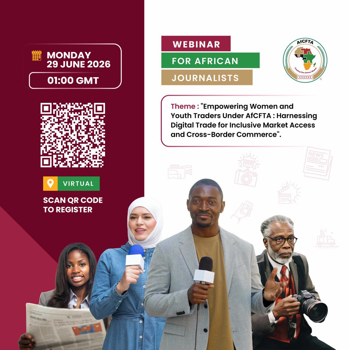 AfCFTA's tweet photo. The next #AfCFTAMediaWebinar is here!

Journalists from across Africa are invited to join for a practical conversation with young entrepreneurs and SMEs already using the #AfCFTA to expand into new markets.

Hear real experiences, unpack implementation, and strengthen your trade reporting.

Monday, 29 June 2026  
10:00 AM GMT  
Virtual

 Register: 
https://t.co/RTxgs2nHyo

#AfCFTA #AfCFTAMediaWebinar #CreatingOneAfricanMarket #Journalism #AfricaTrade