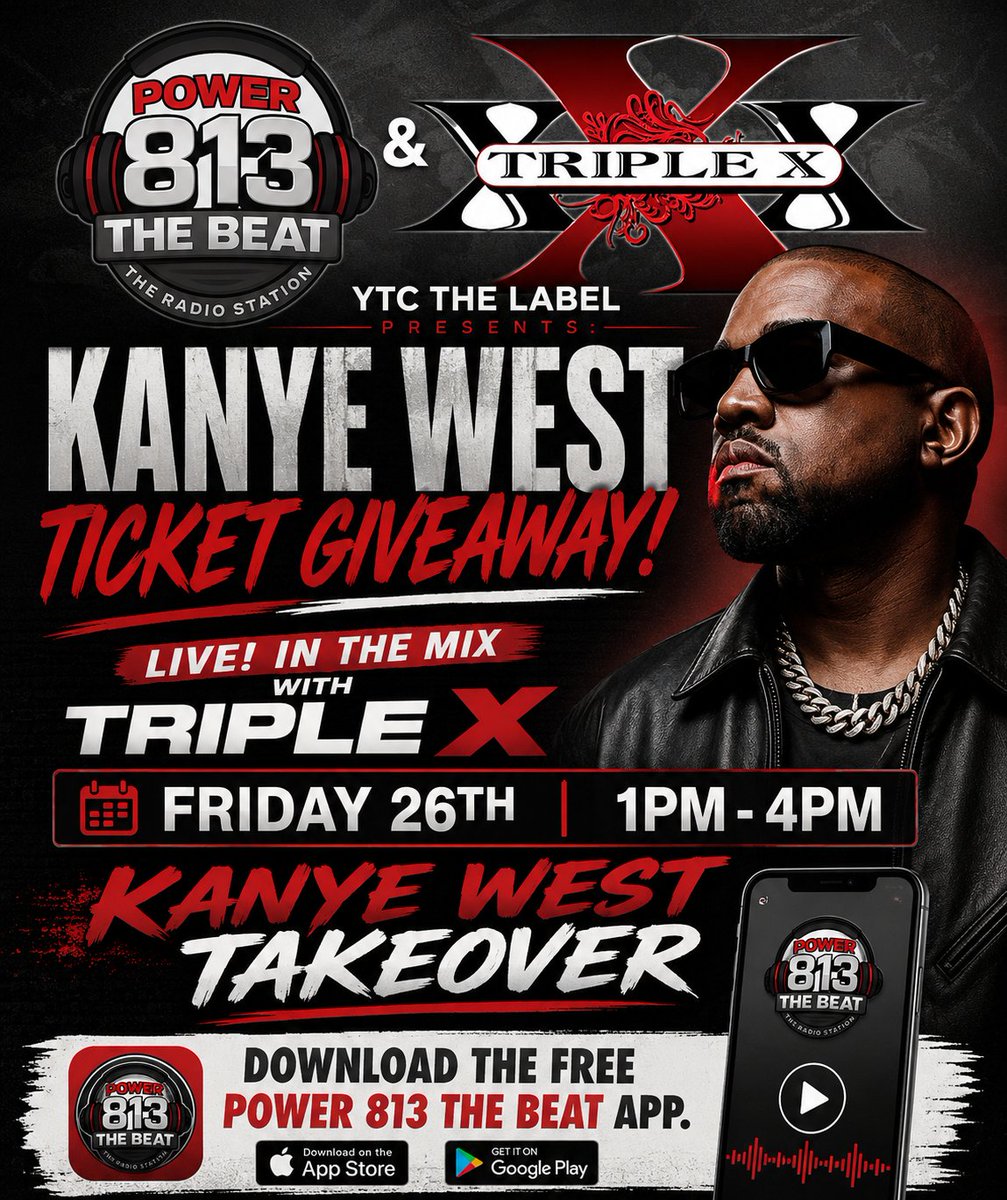 TripleX863MMB's tweet photo. Tune In At 1pm For a Chance to win Kanye West Tickets
@Power813theBeat
#LiveInTheMixWithTripleX on #AppleMusic #Live365 #Audacy The Top 20 Countdown * Artist Spotlight
And The Mix Show
https://t.co/p5v14oOl2t
https://t.co/RFgLb4FAcq
https://t.co/bEAjHao9ag https://t.co/KWHJLgOndZ