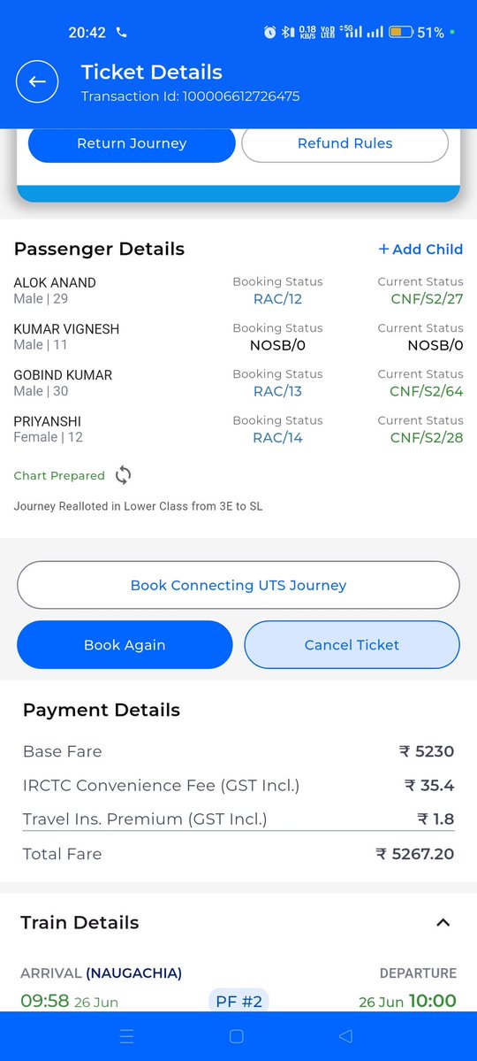 govindnano's tweet photo. I am traveling with my two children. I had booked an AC ticket and even selected the upgrade option, but my ticket was downgraded from AC to Sleeper without my permission.I do not pay the railways for such pathetic service. @AshwiniVaishnaw ji @drm_kir @RailwaySeva @RailMinIndia https://t.co/fkZYyzBhtN