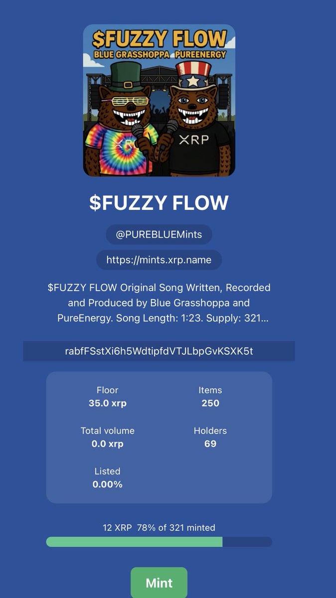 BlueGrasshoppa's tweet photo. 250 minted... 71 to go!

Thank you to everyone supporting me and @PureEnergyX. Let's mint out the first ever original $FUZZY MUSIC NFT COLLECTION on the XRPL 🙏😁🎤

Floor: 35 XRP
Mint: 12 XRP

$FUZZY CARD SHOP UTILITY incoming! https://t.co/Jk1rrvzrm1